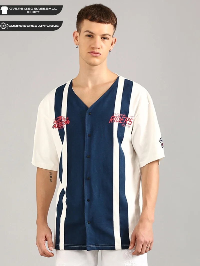 Joven Men White and Navy Printed Pure Cotton Oversized T-Shirt